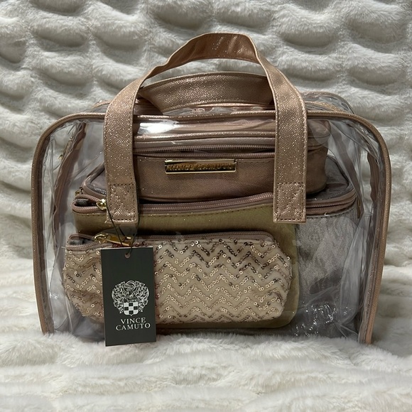 Vince Camuto Other - 🎉 New Vince Camuto Rose Gold 5 Piece Glittery Makeup Cosmetic Bag Gift Set